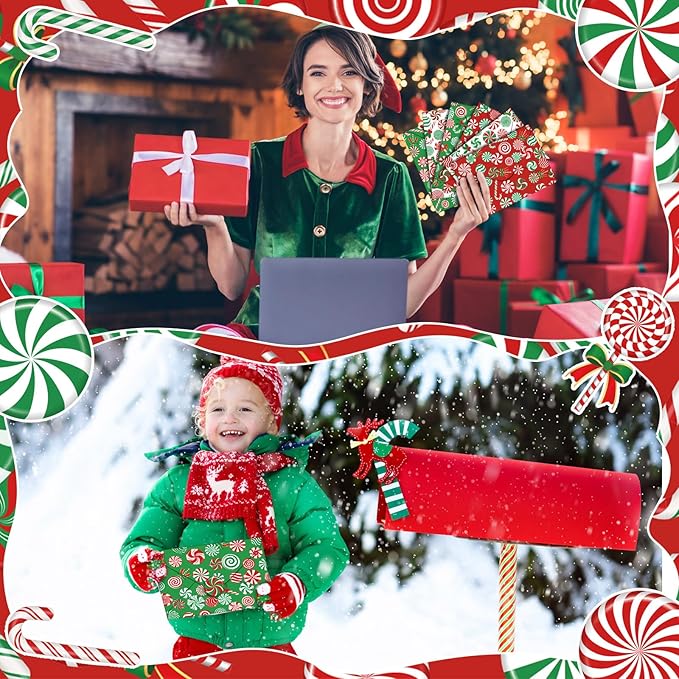 TaoBary 160 Pcs Stationery Paper Set 50 Double Sided Stationery Papers with 50 Matching Envelopes and 60 Round Dot Sticker, 10 Design(Christmas Candy,5.5 x 8.25 Inch)