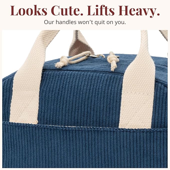 Insulated Navy Blue Lunch Bag for Women, Stylish Corduroy Tote with Aluminum Lining, Large Capacity Reusable Cooler for Work, Travel, or Beach, Beige Cream Water-Resistant Lunch Box