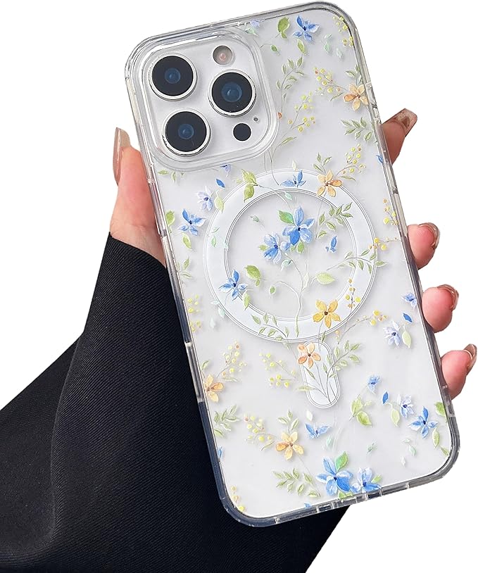 ZTOFERA for iPhone 15 Pro Magnetic Case Compatible with Magsafe,Aesthetic Floral Pattern Design Cute for Girl Women,Anti-Drop Protective Hard Phone Cover for iPhone 15 Pro-Blue Flower