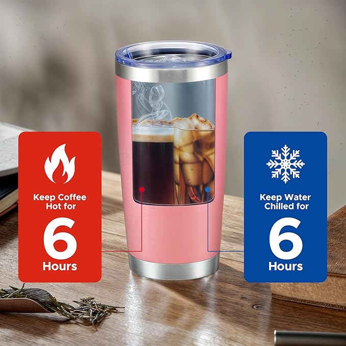 OMTech 20oz Tumblers Bulk, 12pc Stainless Steel Tumbler Set with Lid & Straw, Double Wall Vacuum Insulated Mug for Laser Engraver, Travel Coffee Mug for Hot & Cold Drinks, Pink Powder Coated Cup