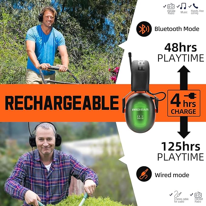 PROHEAR 033 2.0 Upgraded Bluetooth Hearing Protection AM FM Radio Headphones - 31SNR Noise Reduction Ear Muffs with Long-Lasting Stable Rechargeable Battery - 50 Hrs for Mowing Snowblowing - Orange
