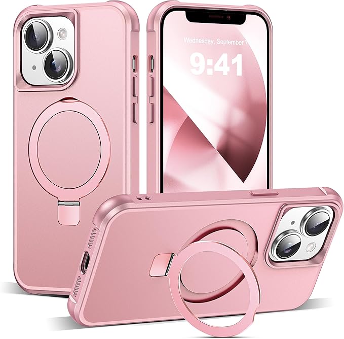 Compatible with iPhone 13 Case & iPhone 14 Case with Invisible Magnetic O-Ring Stand Phone Cases for 13 & 14 6.1" [Compatible with Mag-Safe][Great Grip Feeling], Rose Gold