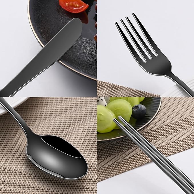 Travel Utensils Set With Case,Black Stainless Steel Silverware Set To Go For Work Lunch Box Includes Knife Spoon Fork Chopsticks,Camping Picnic Cutlery Essentials