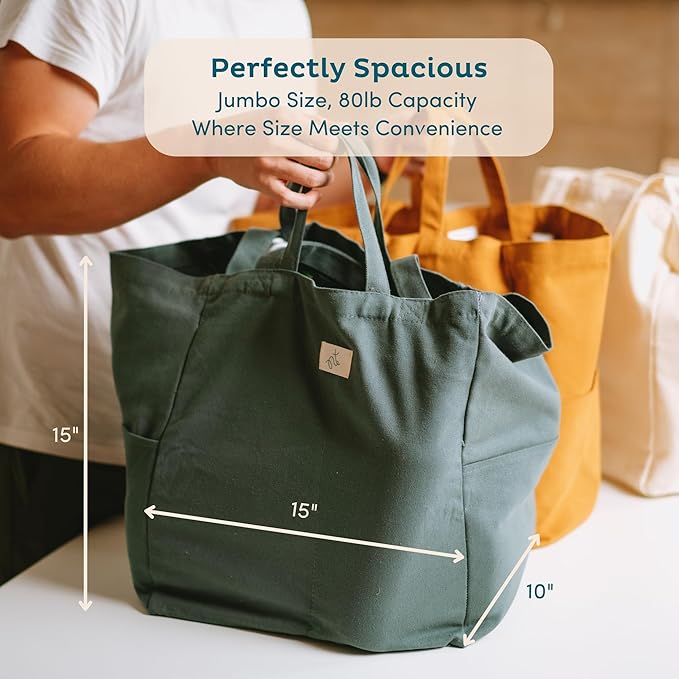 Heavy Duty Reusable Grocery Bags - 100% Cotton 12Oz Canvas Grocery Bags with Handles, Large Kitchen Grocery Bags, Reusable Shopping Bags for Groceries, Grocery Tote Bag, Foldable Market Bag (Mocha)