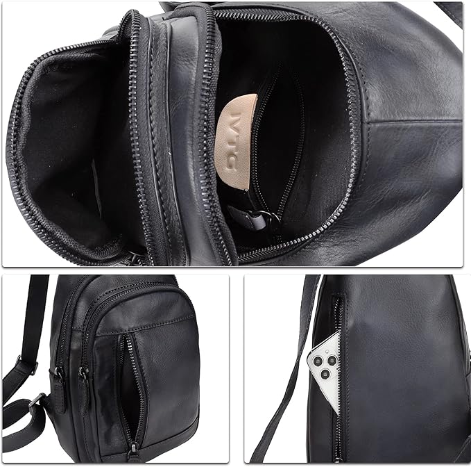 IVTG Genuine Leather Sling Bag Chest Shoulder Pack Crossbody Casual Daypack Vintage Handmade Hiking Backpack Motorcycle Bag (Darkgrey)