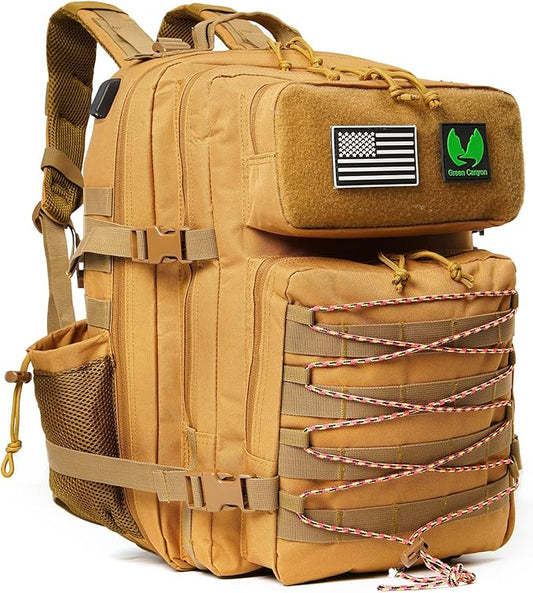 Green Canyon 45L Tactical Assault Backpack with Molle and Charging Port, Water Resistant Military Backpack for Men Women Hiking Rucksack 3 Day Bug Out Bag, Khaki
