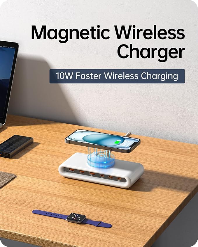 135W USB C Charging Station, 7-in-1 Magnetic Wireless USB Charger Station with PD 45 Fast Charging & 10W Wireless Charger for Phone 13 12 iPad Samsung Laptop and More