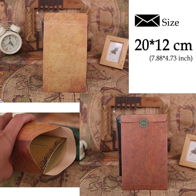 Vintage Stationary Paper + Kraft Envelopes Set with Seal Stickers (64pcs 4 Patterns 8.3 x 5.7 Writing Stationery Papers, 20pcs 2 Colors 7.9 x 4.7 Letter Envelope, 36pcs 2 Styles Rustic Seals)