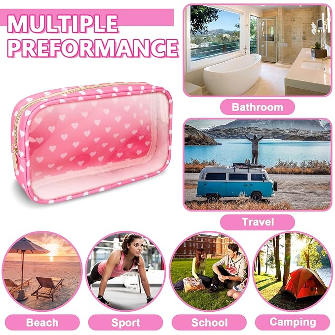 Clear Small Makeup Bag with Zipper, Nylon&PVC Cosmetic Travel Bag Preppy TSA Approved Toiletry Bag for Women Girls, Transparent Waterproof Makeup Pouches Cute Travel Bag for Purse(Small-Pink Heart)