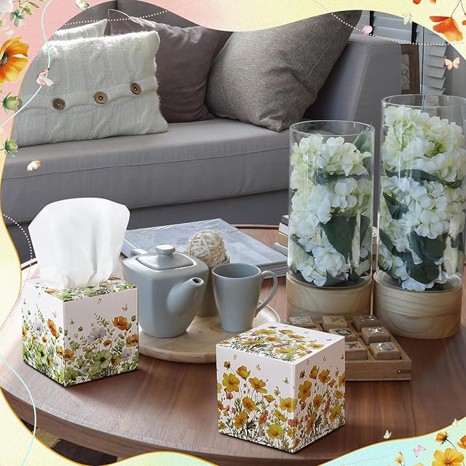 12 Pack Summer Flower Floral Facial Tissues Cube Boxes 600 Sheets 3 Ply Small Wildflower Face Tissues Bulk for Summer Car Bedroom Supplies