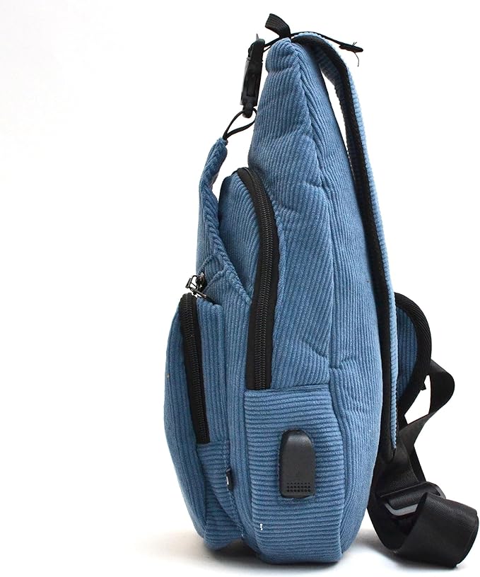 Anti-Theft Daypack Crossbody Sling Backpack, USB Charging, Lightweight Day Pack for Travel, Hiking, Everyday, Large, Cornflower Blue Corduroy