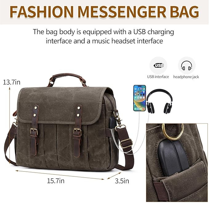 Messenger Bag for Men 15.6 Inch Vintage Canvas Genuine Leather Briefcase for Men Laptop Bag Satchel Shoulder Bag