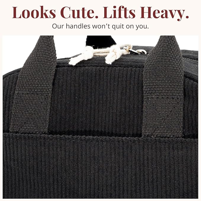 Insulated Black Lunch Bag for Men Women, Stylish Corduroy Tote with Aluminum Lining, Large Capacity Reusable Cooler for Work, Travel, Beach or Picnic, Soft Black Water-Resistant Lunch Box