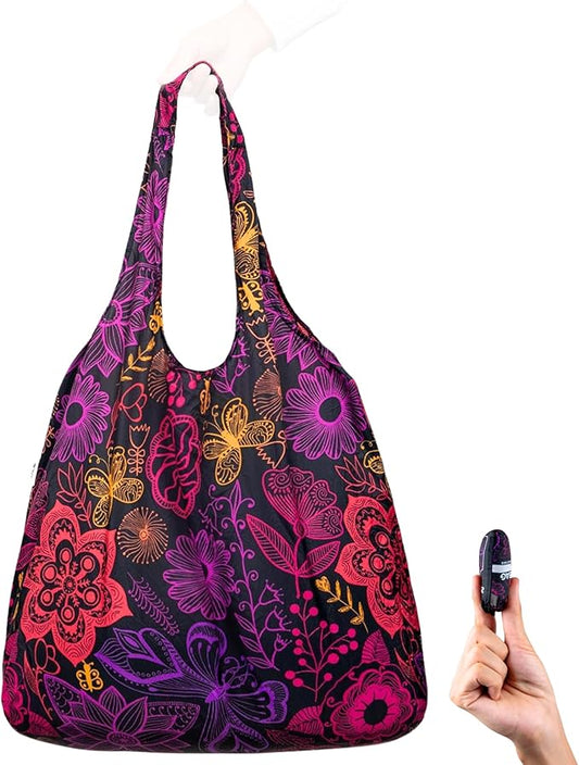 Nanobag Ultra-Lightweight Extra Large Size Tote Bag for Women & Men, Heavy Duty Reusable Grocery Bag, Foldable Shopping Tote, Packable Cloth Bag with Handles, Washable Market Tote (Neon Flowers)