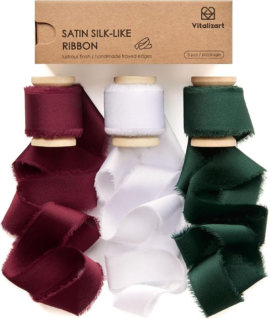 Vitalizart Silk Satin Ribbon 1 inch x 15 Yard Christmas Handmade Frayed Ribbons for Gift Wrapping Baby Shower Wedding Bridal Bouquets Holiday Decor Green Red White