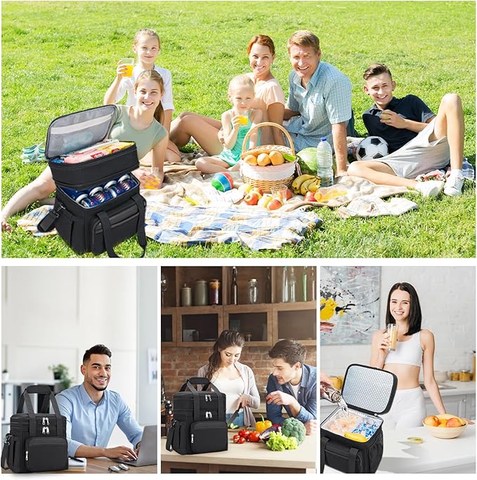 Insulated Lunch Bag & Lunch Box for Men - Double Deck Reusable Lunch Bag for Women Tote Cooler Bag Leakproof Soft Expandable - Extra Large Lunchbox for Work/Adult/Picnic/Outdoor (Black，22L)