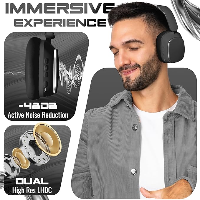 Wireless Over-Ear Headphones, Bluetooth 5.4, Active Noise Canceling ANC, 100H Battery, Foldable, Built-in Mic, Soft Earpads, Adjustable for Gym, Work, Travel, iOS/Android