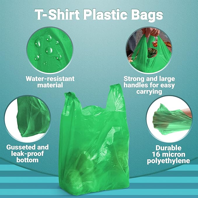 Green T-Shirt Bags, 10 x 5 x 18 Inches. Pack of 1000 Plastic Merchandise Bags, 18 Micron. Unprinted Grocery Bags with Handles. High Density Polyethylene Shopping Bags for Small Business