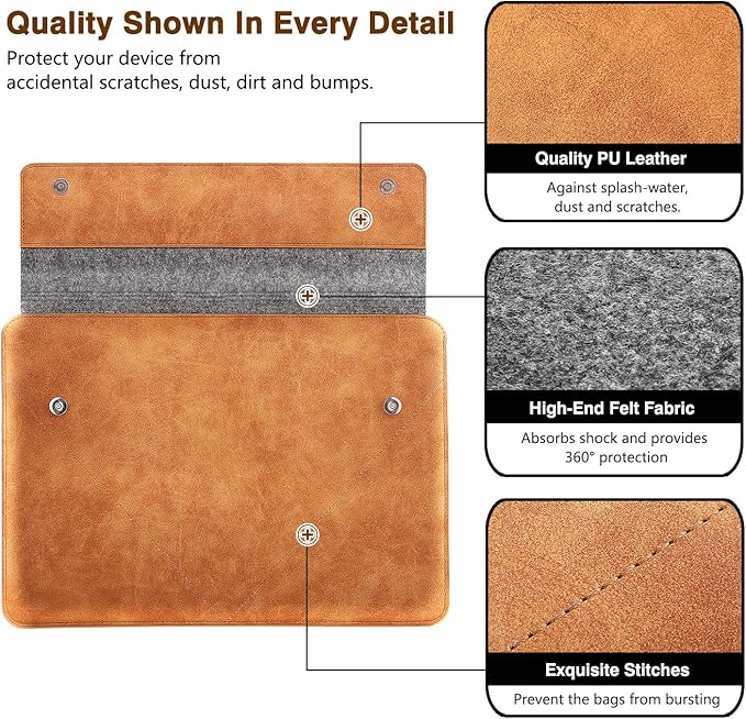 MoKo 13-13.3 Inch Laptop Sleeve Fits MacBook Pro 13" M2/M1, MacBook Pro 14", MacBook Air 13.3", iPad Pro 12.9", Surface Pro 9/8 13", Felt & PU Leather Case Bag with Pocket, Gray&Brown