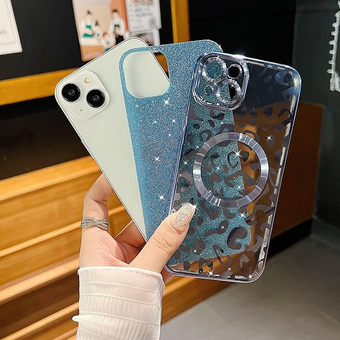 for iPhone 15 Plus Case Magnetic,Soft Cute Luxury Leopard Cheetah Pattern Plating Glitter Bling Phone Case Compatible with MagSafe Clear Shockproof Back Cover for Women Girl 6.7"-Blue