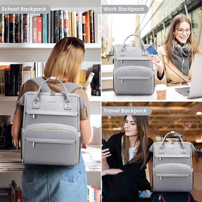 LOVEVOOK Leather Laptop Backpack for Women 15.6 inch,Travel Backpack Purse Nurse Teacher Backpack Computer Laptop Bag,Professional College Business Work Carry On Backpack with USB Port,Elephant Grey