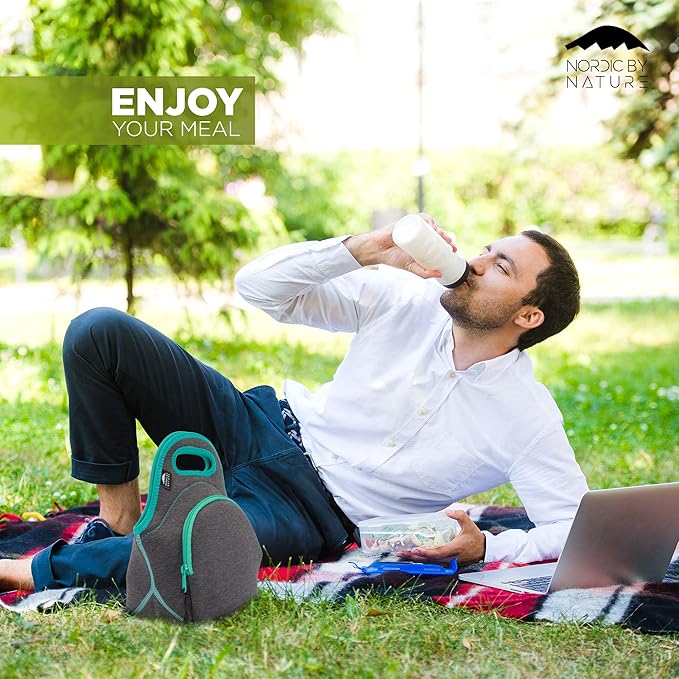 Nordic By Nature Insulated Neoprene Lunch Bag, Soft & Foldable Washable & Reusable Extra-Pocket (L) Dark Grey/Lagoon