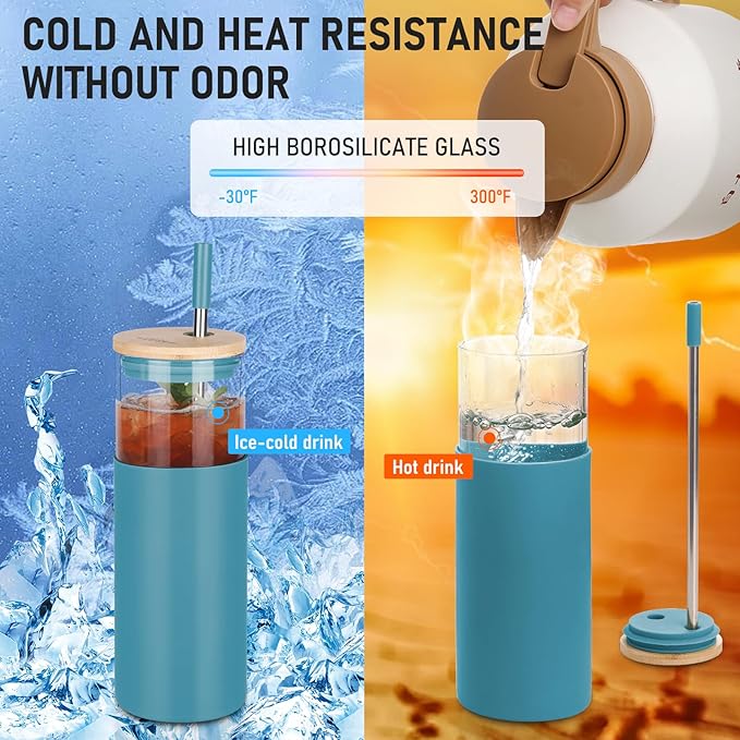 1Pack Glass Tumbler w/Lid & Straw - 24oz Reusable Glass Mug/Bamboo Lid & Stainless Steel Straw-BPA-Free, Leak-Proof, Dishwash Safe for Coffee, Smoothies, Hot Beverages, Travel, Office, Home Use