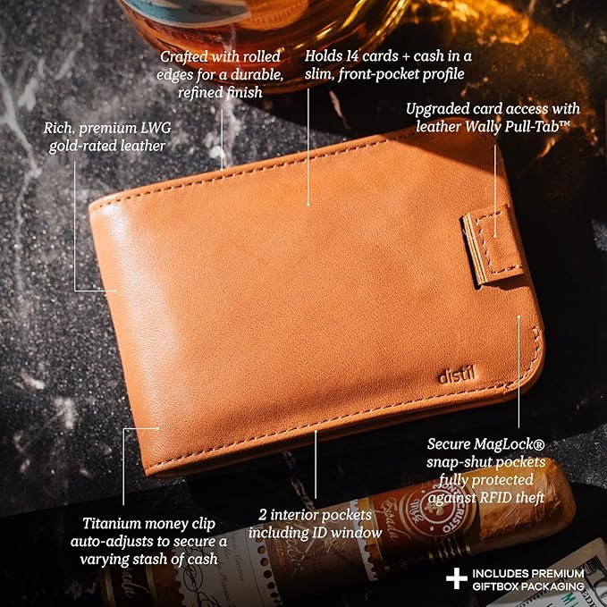 Distil Union Wally Bifold 5.0 Premium RFID Wallet with Titanium Money Clip - Slim Bifold Wallet for Men, Full Grain Leather, Minimalist RFID Card Holder - Holds 14 Cards & 30 Bills - Brown