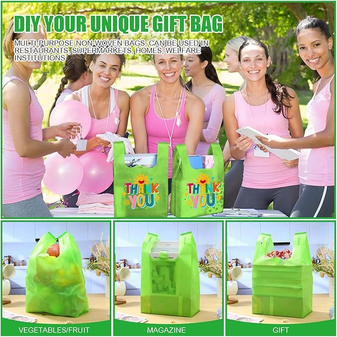 Windyun Large Grocery T-shirt Bags Bulk Reusable Non Woven Shopping Bag Foldable Gift Tote with Handle, 21x11x6 Inch