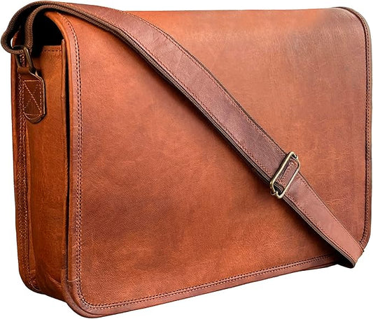 RUSTIC TOWN 14" Leather Messenger Bag for Men & Women – Full Grain Vintage Crossbody Satchel – Fits 13.3"/14" Laptop – Ideal Briefcase for Work, Travel & College – Adjustable Shoulder Strap