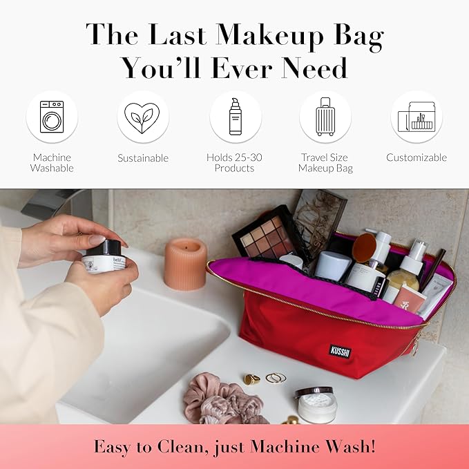 KUSSHI Washable Travel Makeup & Cosmetic Bag - Brush Organizer Sold Separately (Vacationer, Candy Apple Red/Pink)