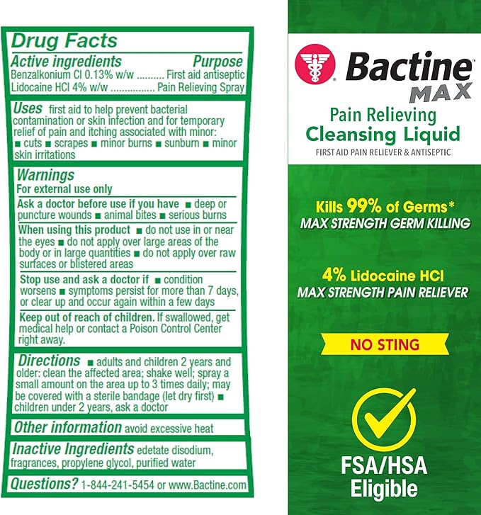Bactine MAX First Aid Spray - Pain Relief Cleansing Spray with 4% Lidocaine - Numbing Lidocaine Kills 99% of Germs - Pain + Itch Relief for Minor Cuts & Scrapes, Burns & Bug Bites - 5oz, 4 Pack
