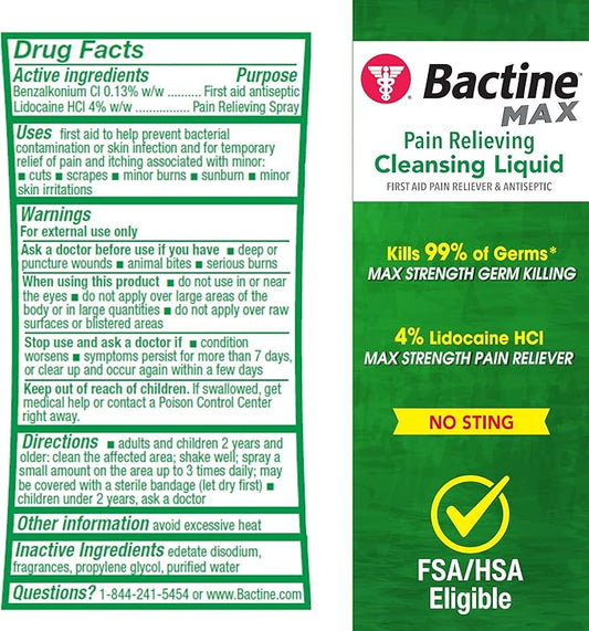 Bactine MAX First Aid Spray - Pain Relief Cleansing Spray with 4% Lidocaine - Numbing Lidocaine Kills 99% of Germs - Pain + Itch Relief for Minor Cuts & Scrapes, Burns & Bug Bites - 5oz, 4 Pack