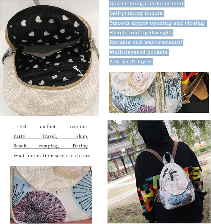 HUANGGUOSHU Women Cotton Woven Hippie Hemp Boho Canvas Embroidery Multi Pocket Retro Cute Backpack Wallet Backpack（Snails）