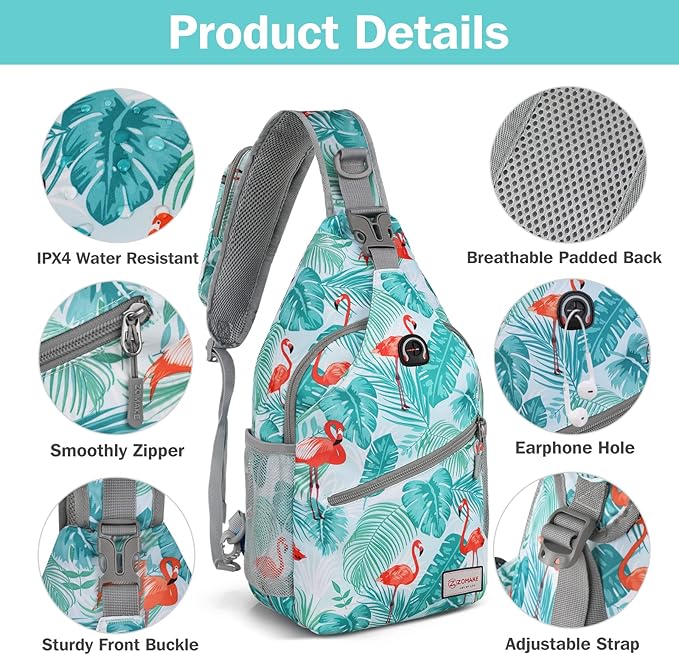 ZOMAKE Sling Bag,Small Crossbody Sling Backpack,Water Resistant Shoulder Daypack for Travel,Anti Thief Chest Bag for Hiking(Flamingo Blue)