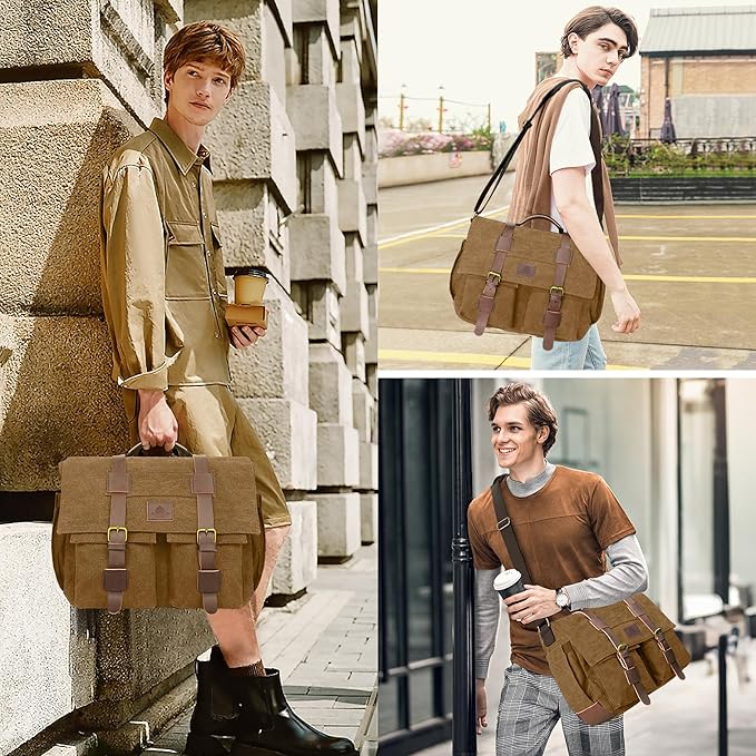 Messenger Bag for Men,13-14 Inch Laptop Bag, Vintage Water-resistant Waxed Canvas Satchel Bags, Leather Briefcase for School Work Travel (Brown)