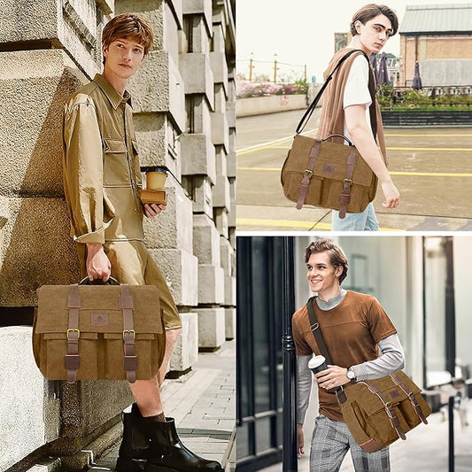 Messenger Bag for Men,13-14 Inch Laptop Bag, Vintage Water-resistant Waxed Canvas Satchel Bags, Leather Briefcase for School Work Travel (Brown)