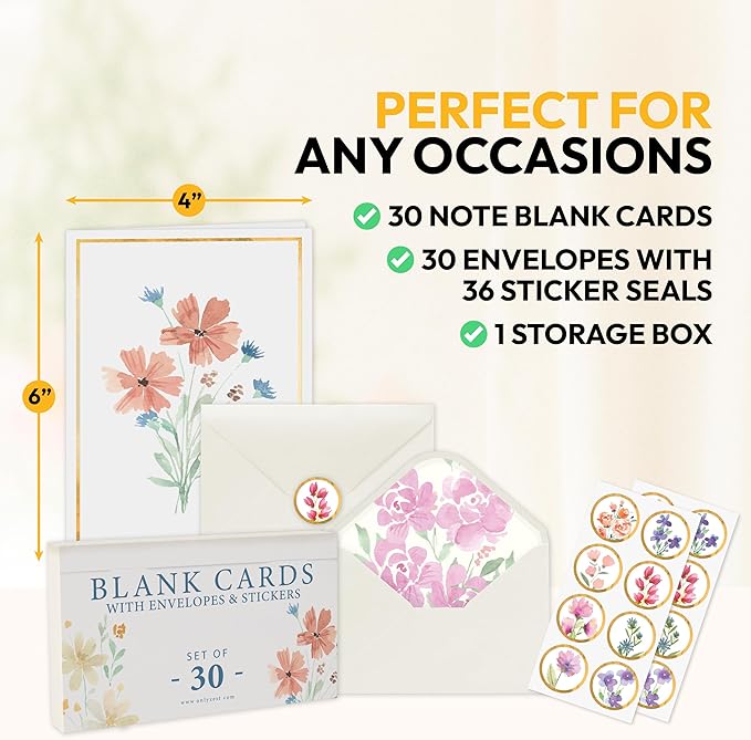 30 Pack Blank Cards and Envelopes - 4 x 6 Inch Floral Greeting Cards for Encouragement, Stationery Set for All Occasions, Blank Note Cards with 10 Unique Designs
