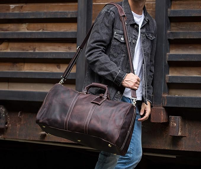 Polare 23'' Classic Full Grain Leather Travel Duffel Weekender Bag Overnight Duffle Bag For Men
