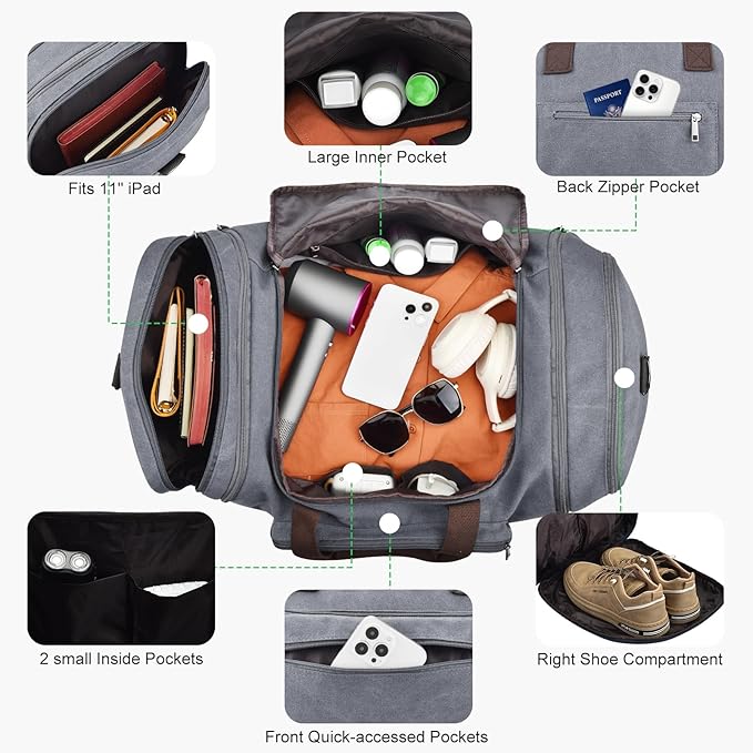 Felipe Varela 60L Duffle Bag for Men, Large Expandable Canvas Duffel Bag for Travel, Mens Carry On Luggage Bag Traveling Weekender Gym Overnight Bags for Airplanes, Grey