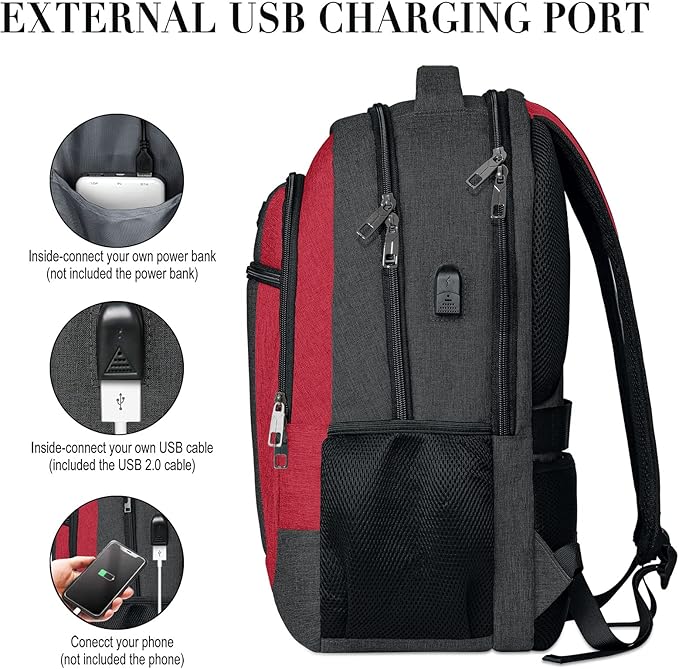 Travel Laptop Backpack for Woman and Men, School Backpack for Teens with USB Charging Port, Waterproof College Back Pack for 15.6 IN Laptop Backpack, Adult Business Computer Travel Backpack, BlackRed