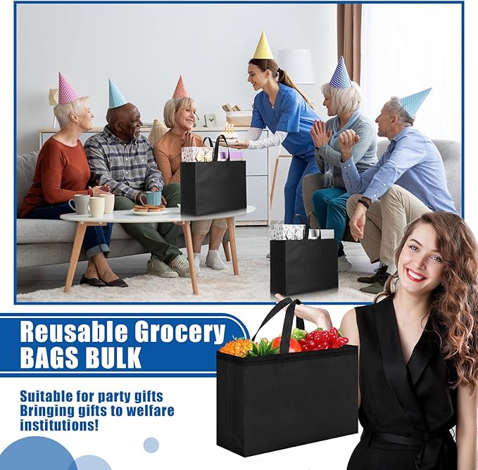 Windyun Reusable Grocery Bags Large Non Woven Shopping Bags with Handles Foldable Portable Tote Bulk, 16x6x12 Inch