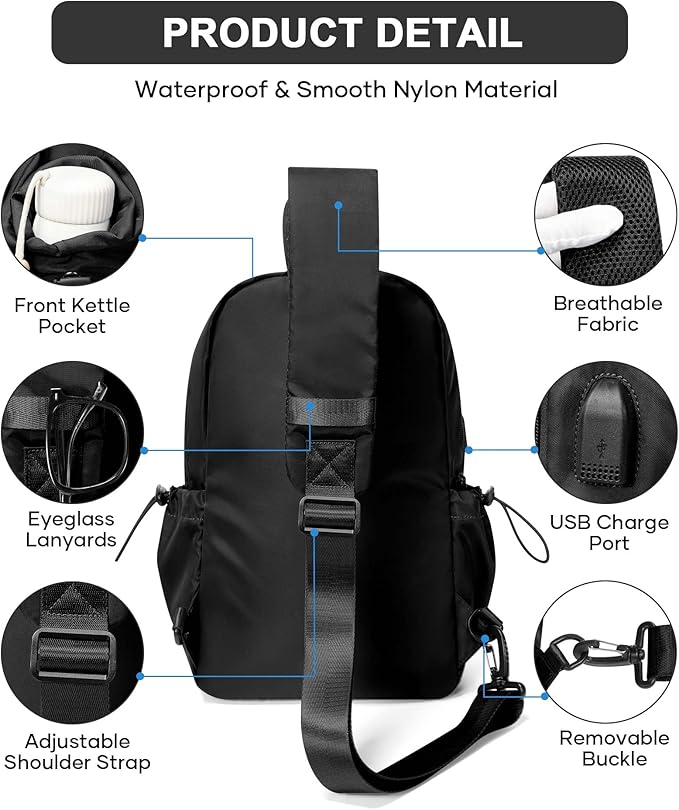 Black Sling Crossbody Bag for Men Women, Tactical Backpack Shoulder Daypack Mini Anti-Theft Cross Body Motorcycle Chest Bags, Small One Strap Fanny Back Pack for Casual Travel Hiking Sport Gym