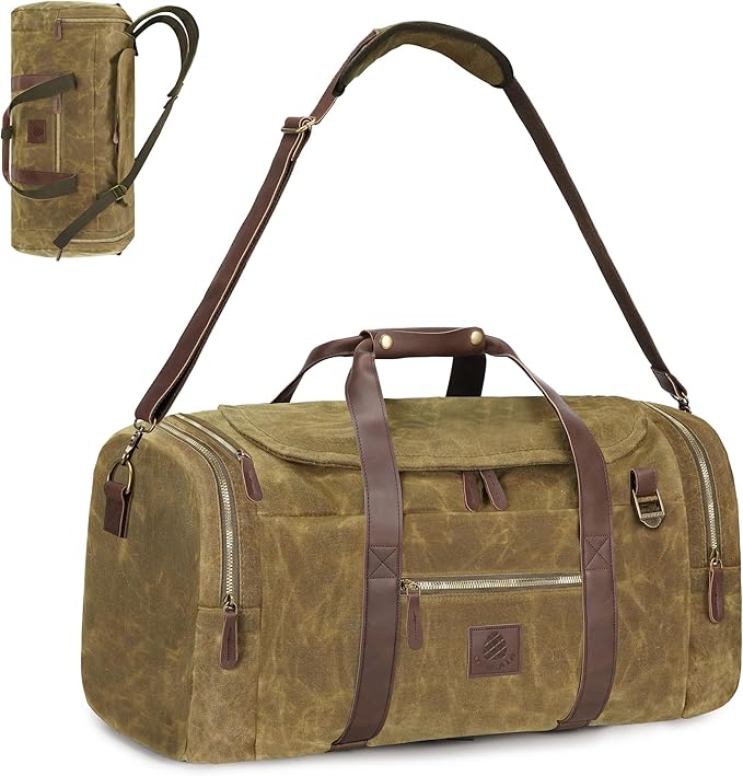 60L Travel Bags for Men, Nomad Washed Canvas Duffle Bag Vintage Genuine Leather Travel Duffel Bag Multifunctional Weekender Overnight Backpack with Shoes Compartment