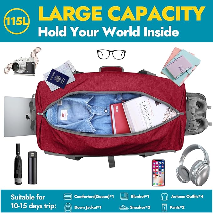 Canway 115L Travel Duffel Bag, Foldable Weekender Bag with Shoes Compartment for Men Women Water-proof & Tear Resistant