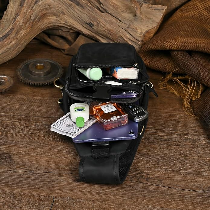 Le'aokuu Men Fashion Casual Tea Designer Travel Hiking Crossbody Chest Sling Bag Rig One Shoulder Strap Bag Men Leather 8015