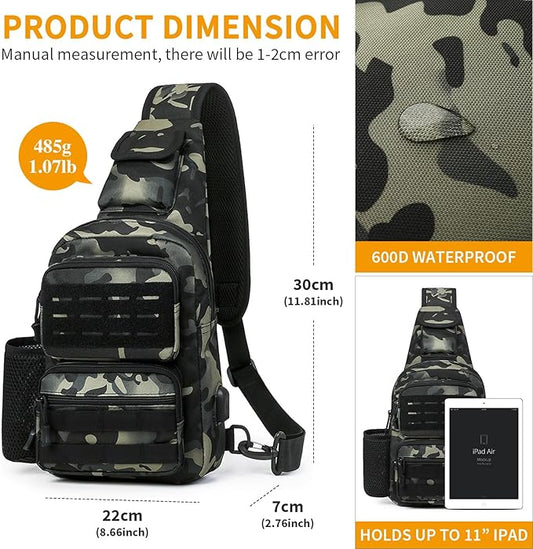 HUNTVP Tactical Sling Bag Crossbody Bag for Men Women EDC Shoulder Bags Molle Sling Backpack Chest Pack for Hiking Hunting Travelling Camping (Type3-Camo)