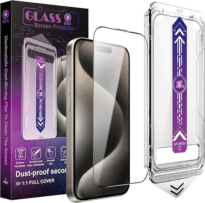 CHISHA 2-Pack Screen Protector Tempered Glass for iPhone 15 Pro Max 6.7-Inch, Auto Dust Removal, No Bubbles, High Definition Clear, Easy Installation