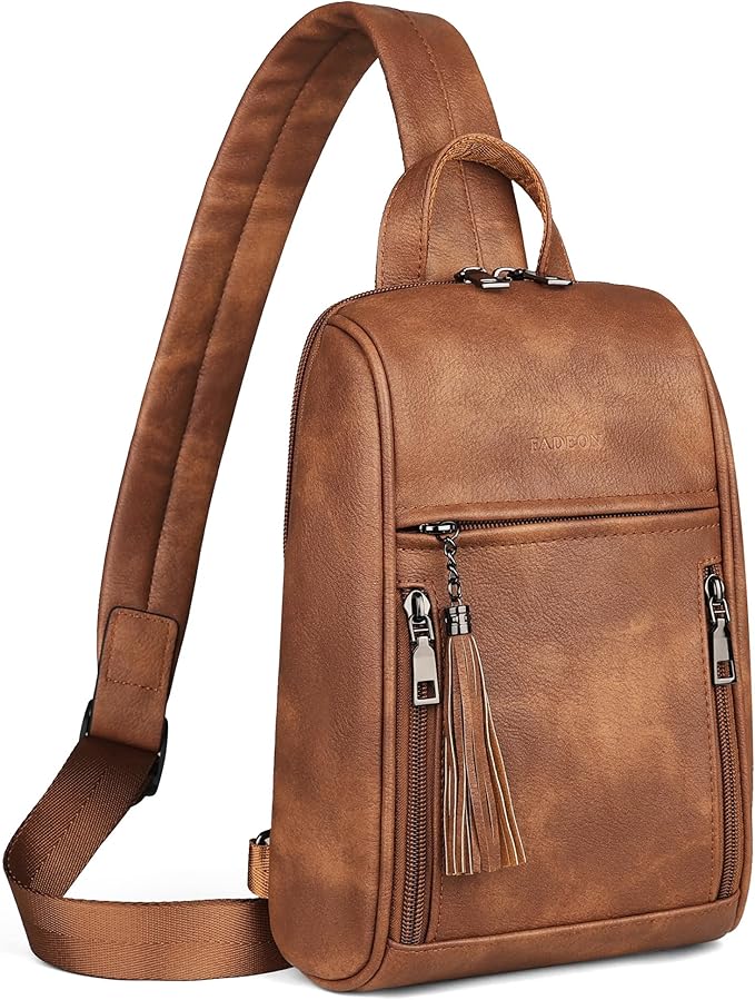 FADEON Sling Bag for Women, Crossbody Purse with Tassels, Designer Leather Shoulder Chest Bags for Travel