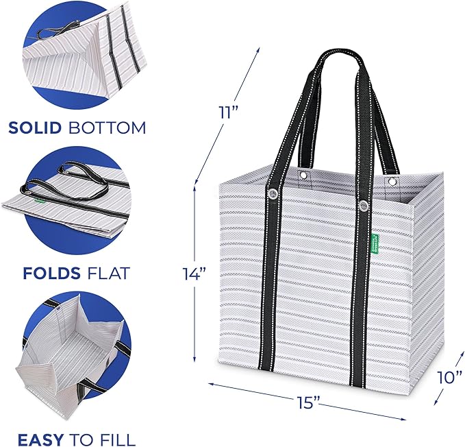 Creative Green Life 3 Pack Heavy Duty Reusable Grocery Bags with Hard Bottom & Strong Handles – Foldable, Durable, Easy to clean, Water-Resistant & Multi-Purpose (Gray Stripes)